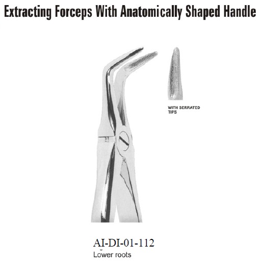Extracting forceps lower roots with serrated tips anatomically shaped handle